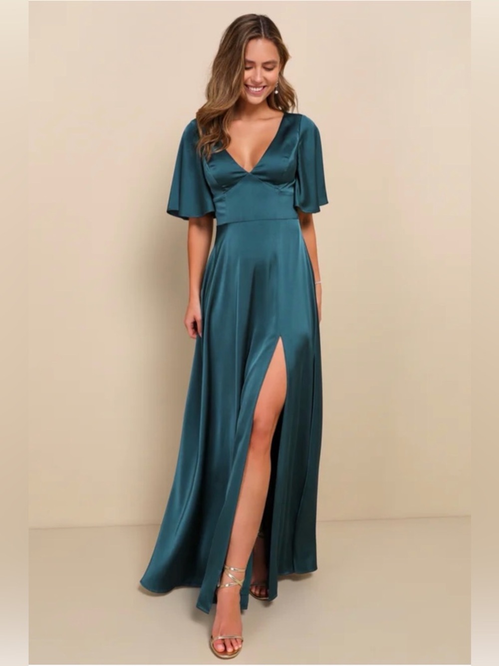 NWT Lulu's Teal Satin V-Neck Back Cutout Maxi Dress with Slit Small